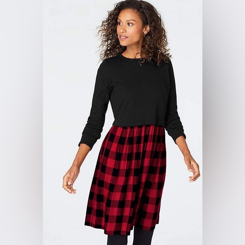 J.Jill Buffalo Plaid Mixed Media Dress Black Red Large